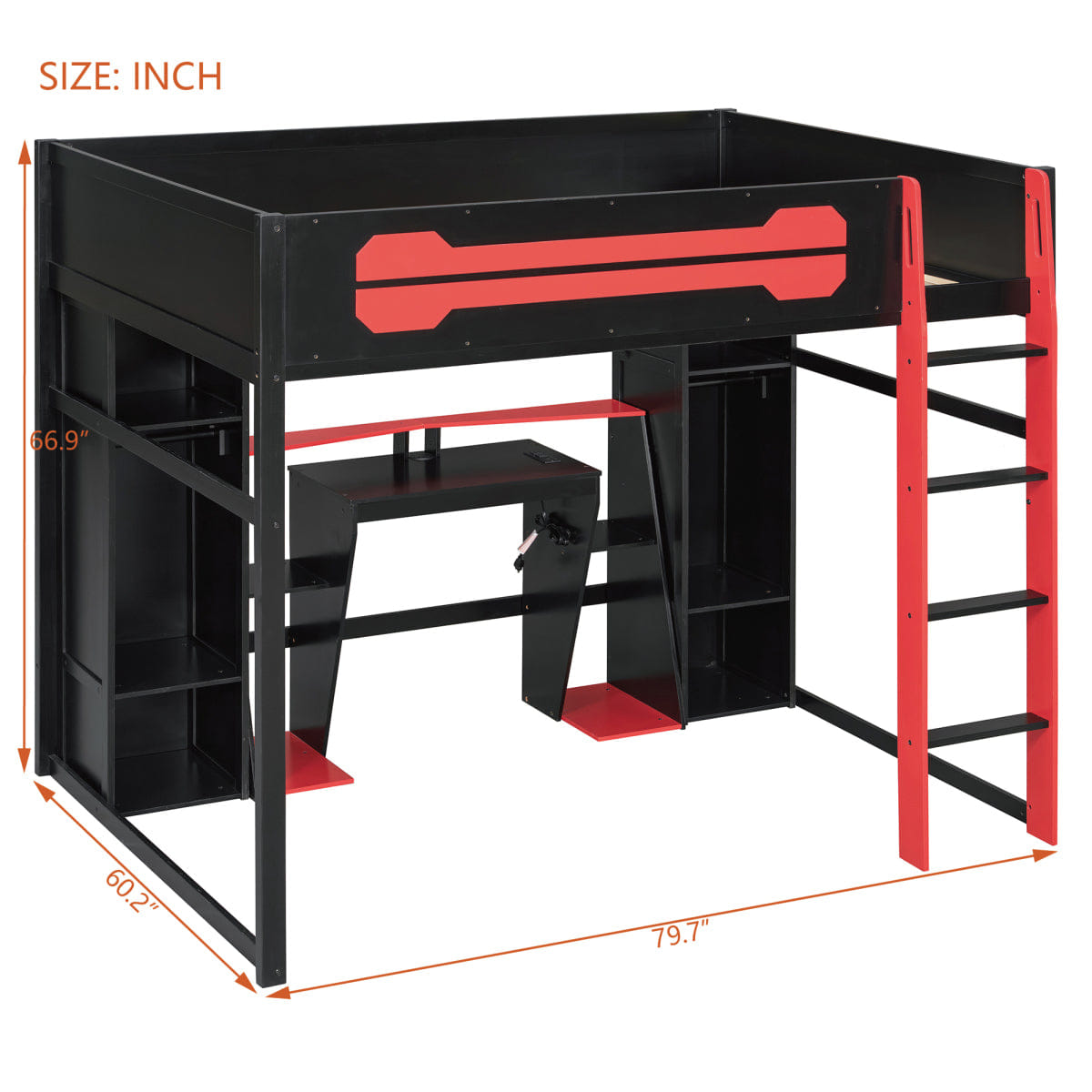 Loft Streamdale Full - Size Wooden Gaming Loft Bed with Desk, RGB LED & Wardrobe - Red