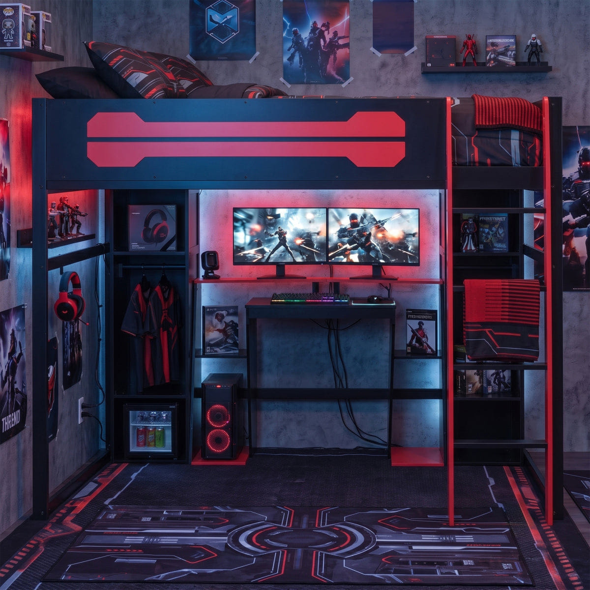 Loft Streamdale Full - Size Wooden Gaming Loft Bed with Desk, RGB LED & Wardrobe - Red