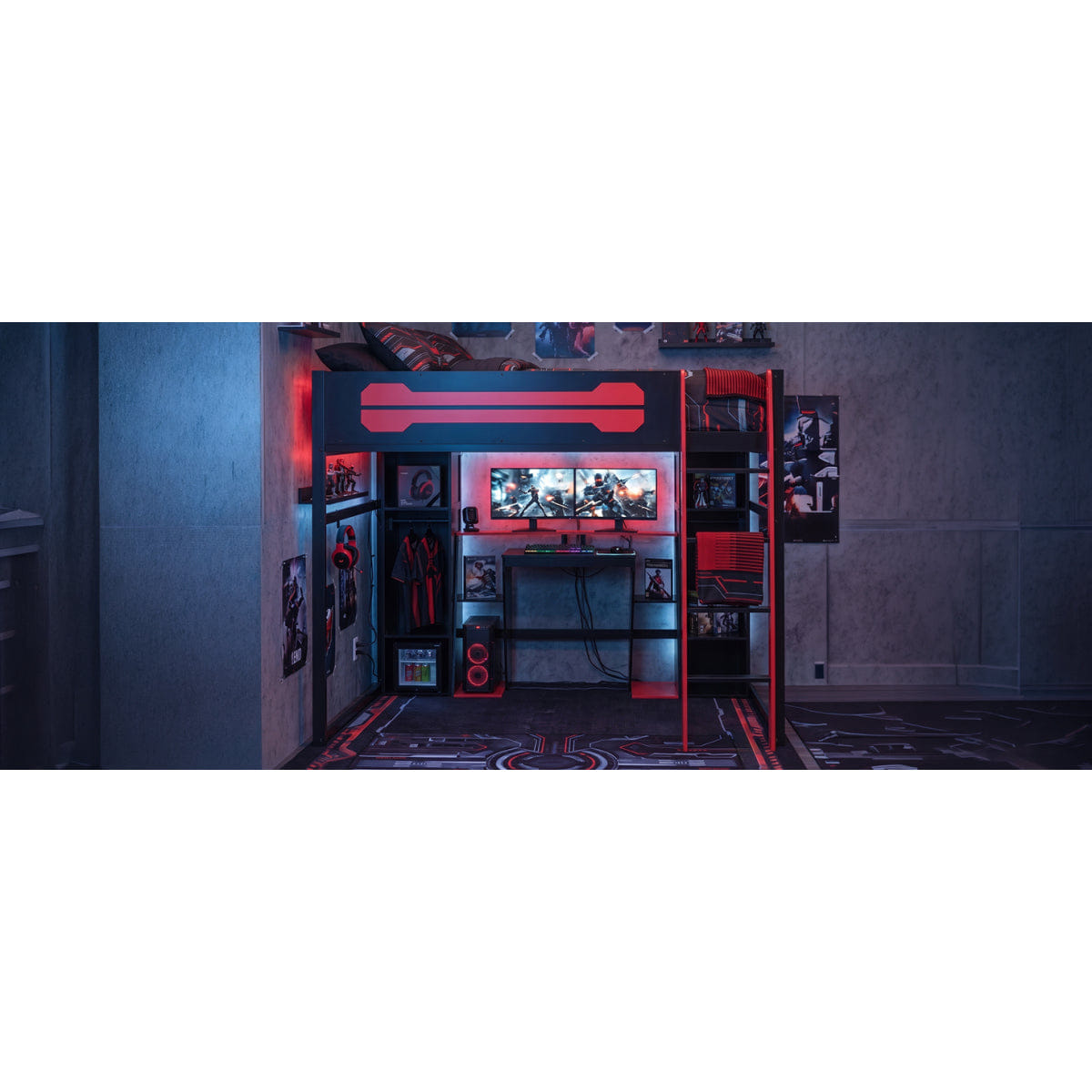 Loft Streamdale Full - Size Wooden Gaming Loft Bed with Desk, RGB LED & Wardrobe - Red