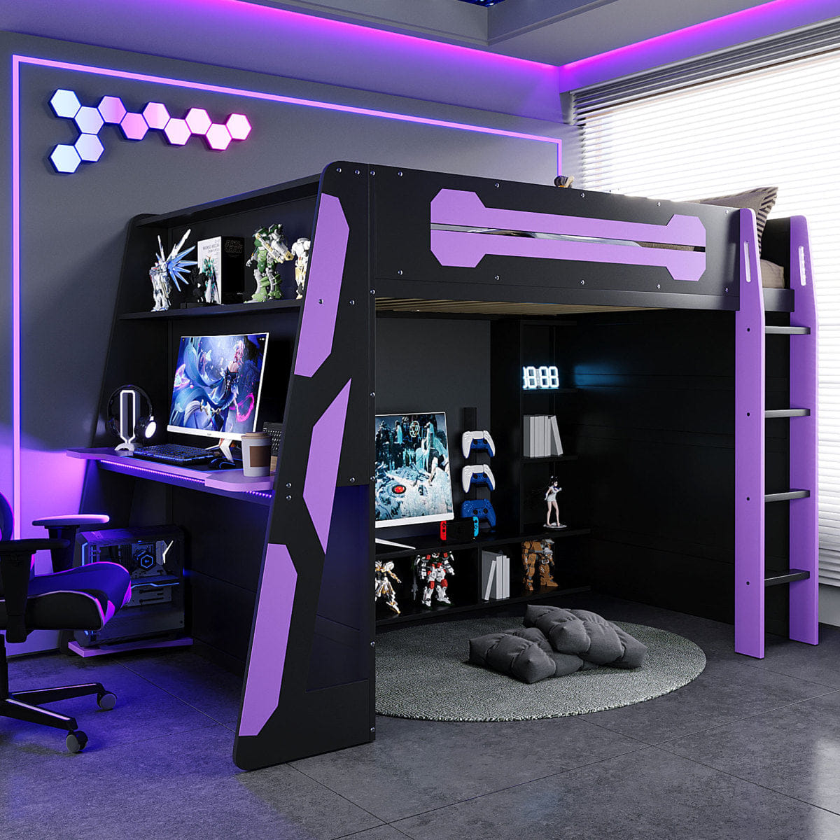 Purple Streamdale Full Size Wood Loft Bed with Desk, Multi - storage Shelves and RGB Light, Purple