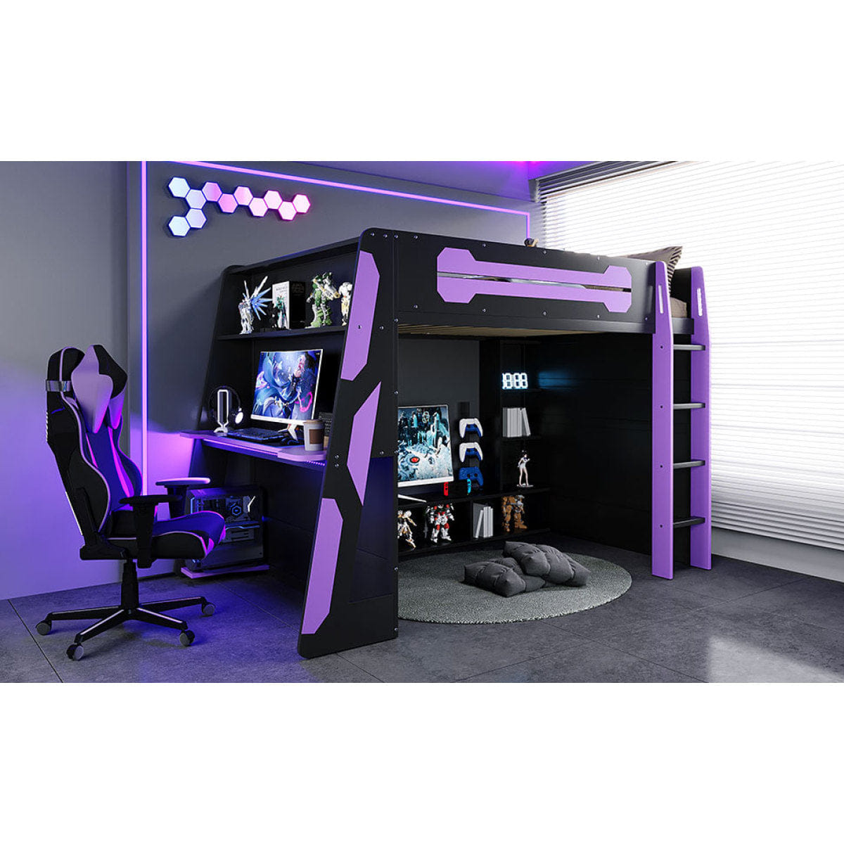 Purple Streamdale Full Size Wood Loft Bed with Desk, Multi - storage Shelves and RGB Light, Purple