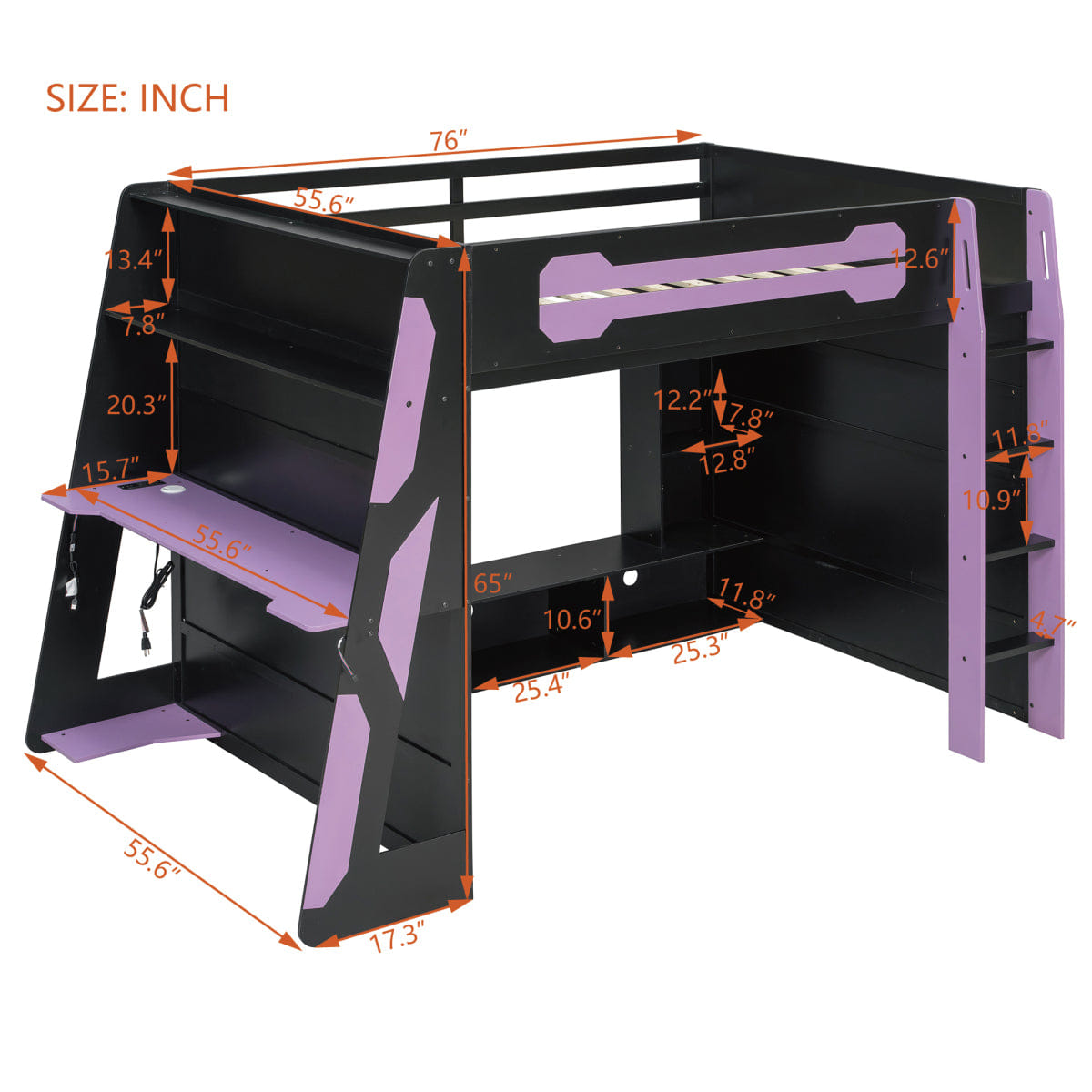 Purple Streamdale Full Size Wood Loft Bed with Desk, Multi - storage Shelves and RGB Light, Purple