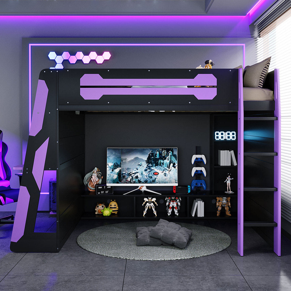 Purple Streamdale Full Size Wood Loft Bed with Desk, Multi - storage Shelves and RGB Light, Purple