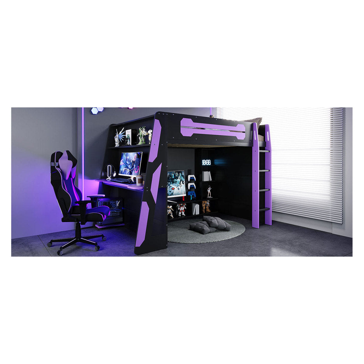 Purple Streamdale Full Size Wood Loft Bed with Desk, Multi - storage Shelves and RGB Light, Purple