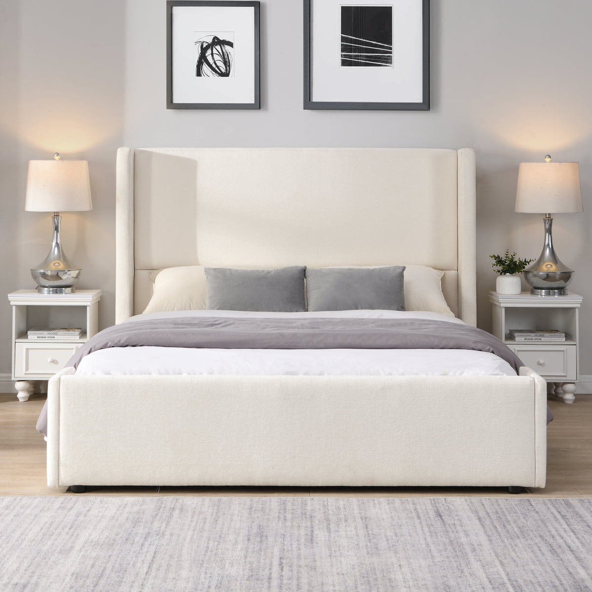 WHITE* Streamdale Elegant White Fabric Upholstered Bed with Tall Headboard, White, Queen
