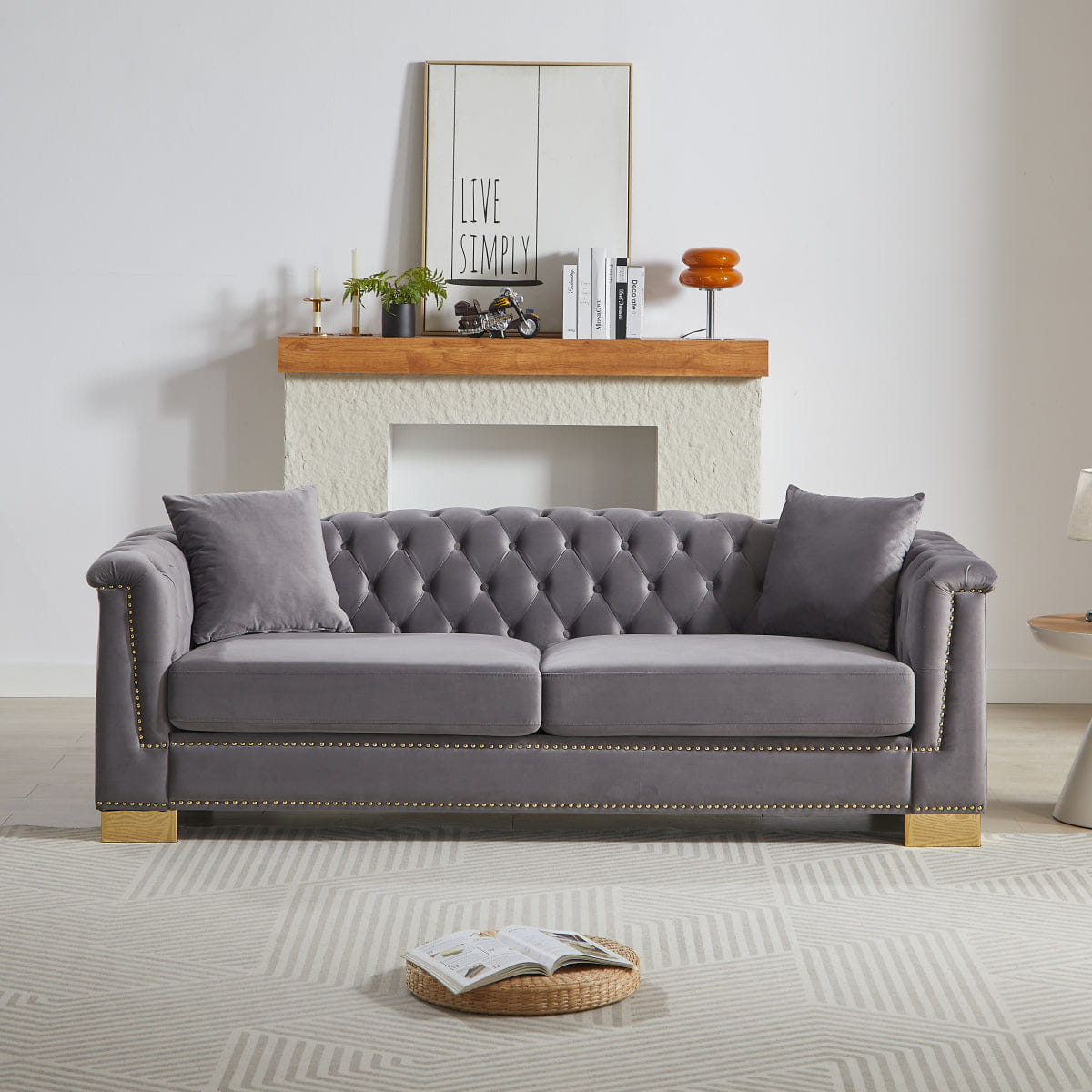 Chesterfield Streamdale Classic Modern 84" Velvet Chesterfield Sofa with Rolled Arms, Grey