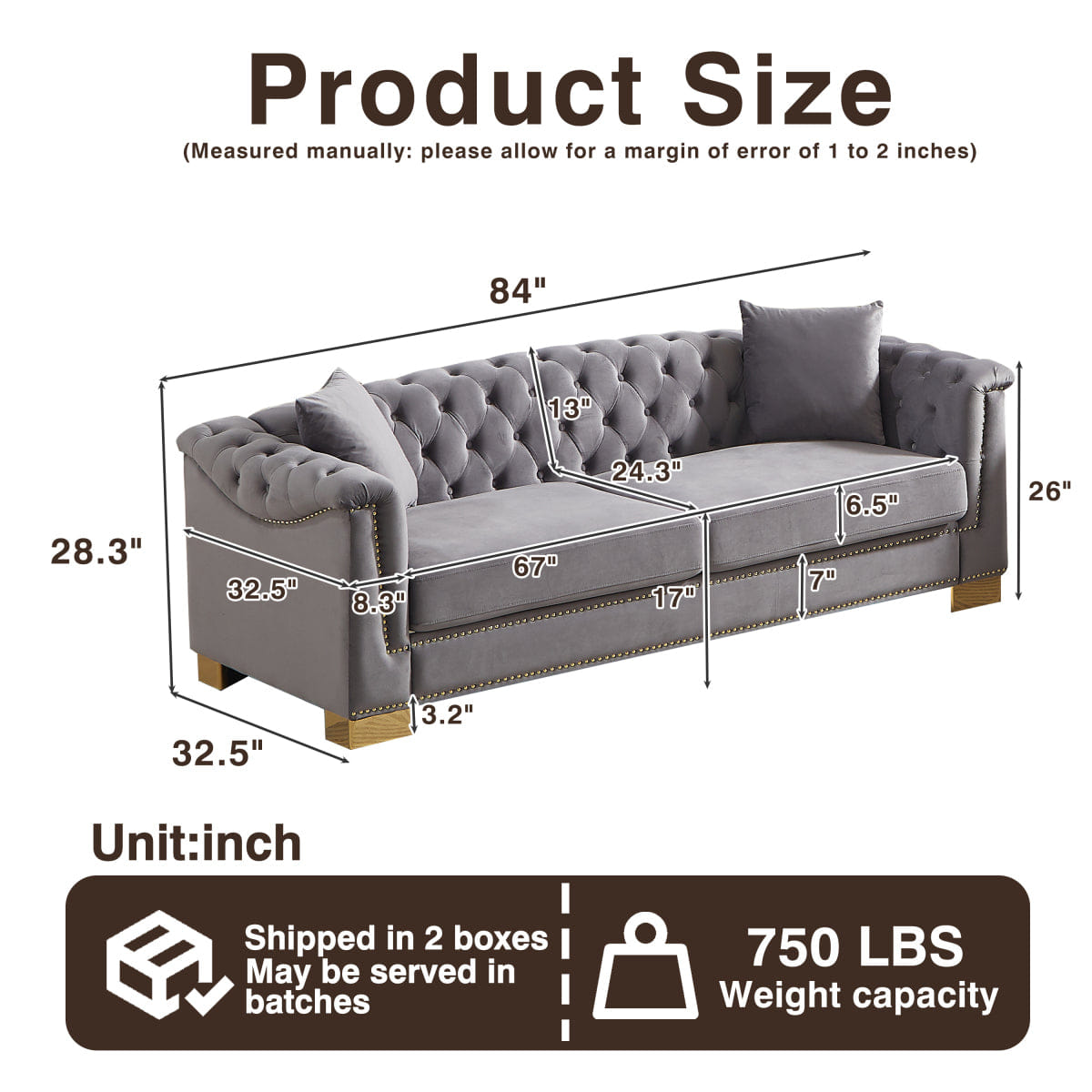 Chesterfield Streamdale Classic Modern 84" Velvet Chesterfield Sofa with Rolled Arms, Grey