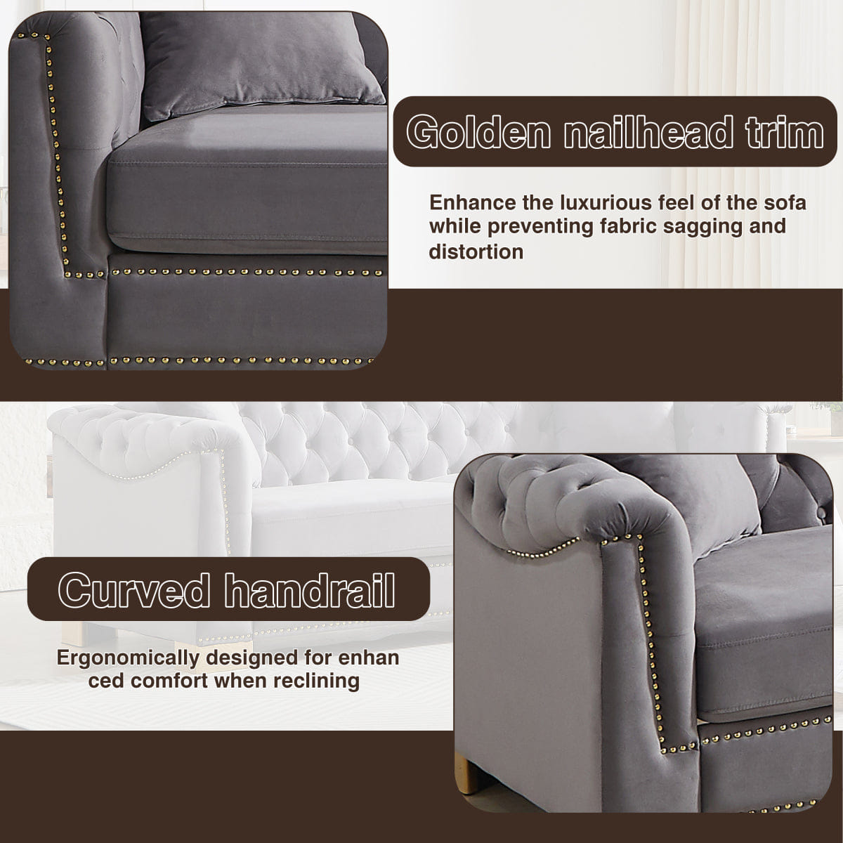 Chesterfield Streamdale Classic Modern 84" Velvet Chesterfield Sofa with Rolled Arms, Grey