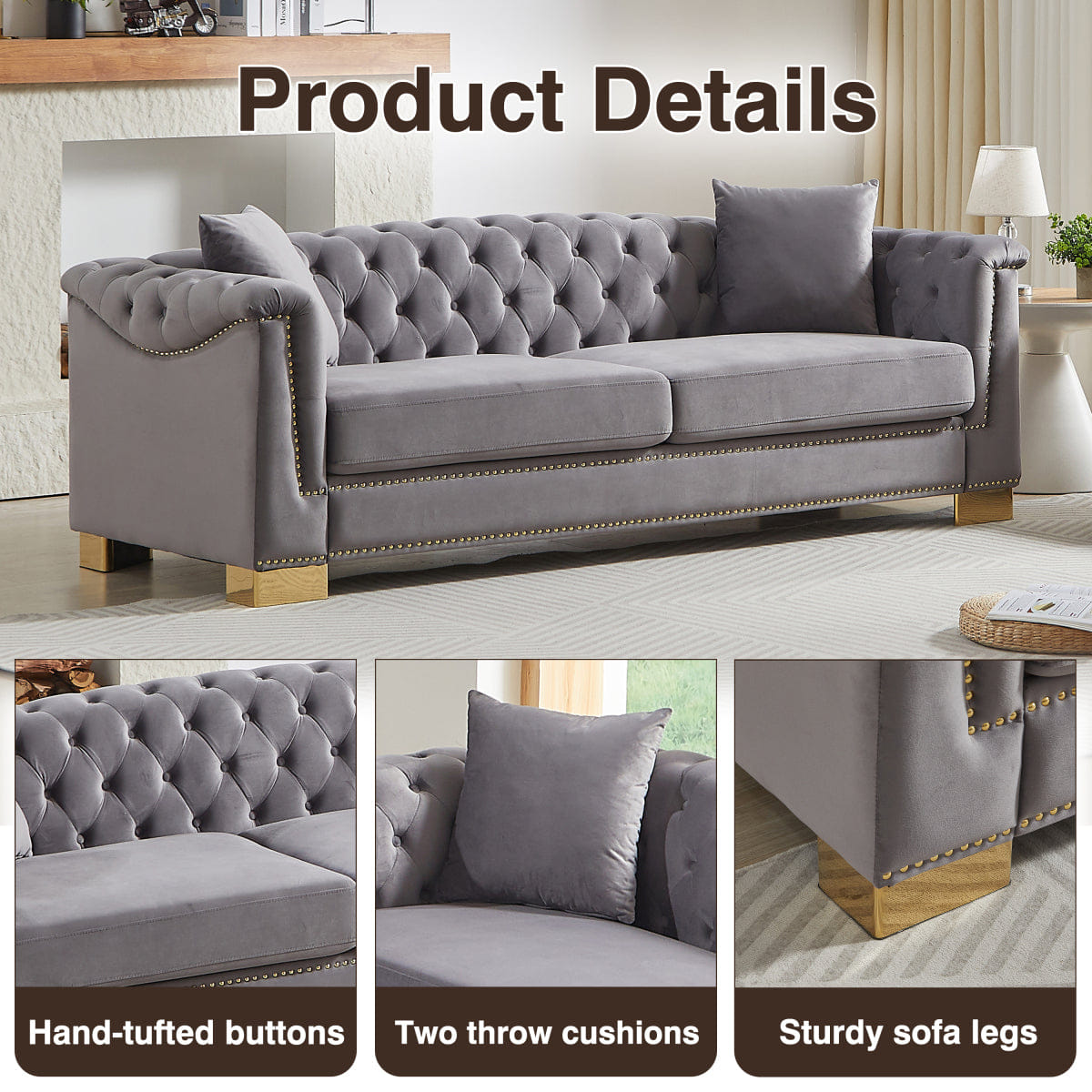 Chesterfield Streamdale Classic Modern 84" Velvet Chesterfield Sofa with Rolled Arms, Grey