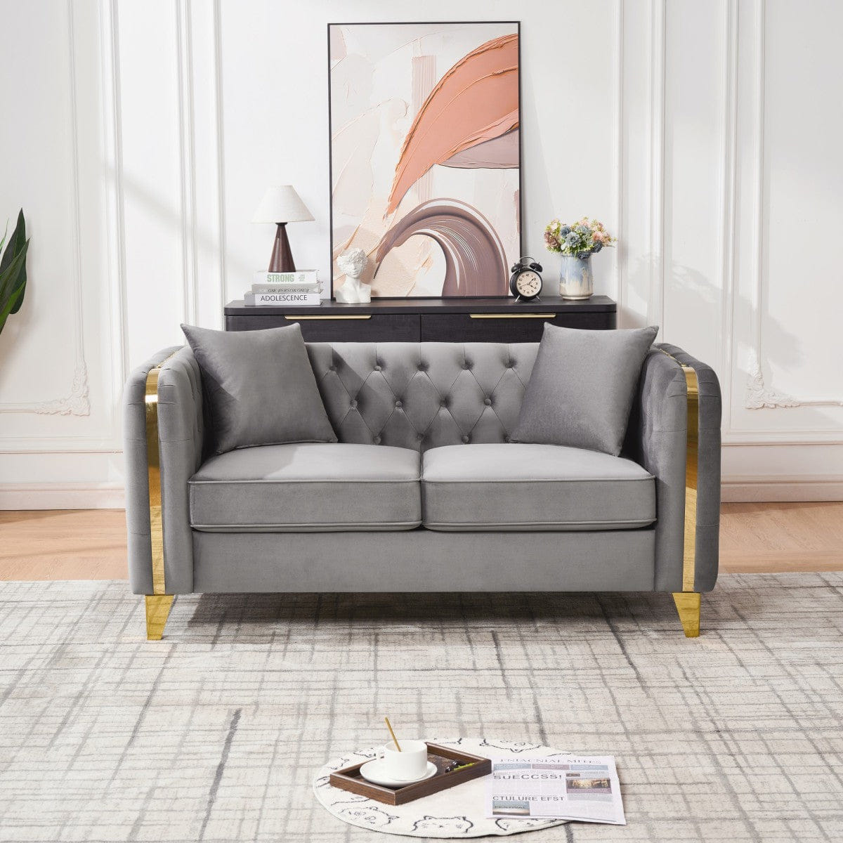Chesterfield Streamdale 61" Velvet Tufted Chesterfield Loveseat with Gold Legs, Grey