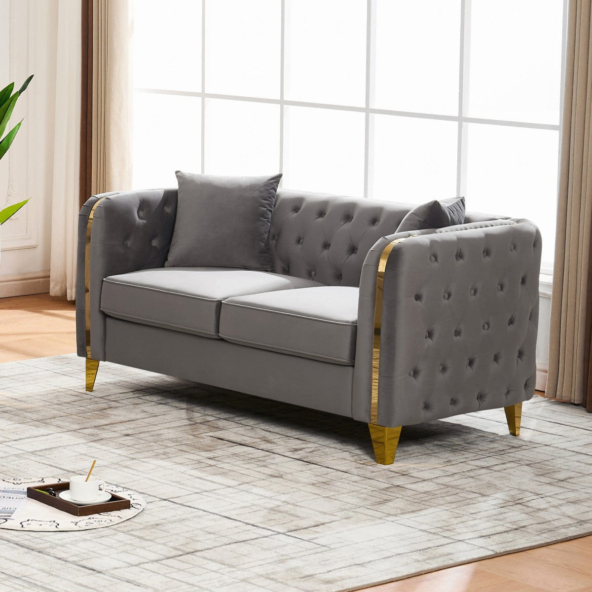 Chesterfield Streamdale 61" Velvet Tufted Chesterfield Loveseat with Gold Legs, Grey