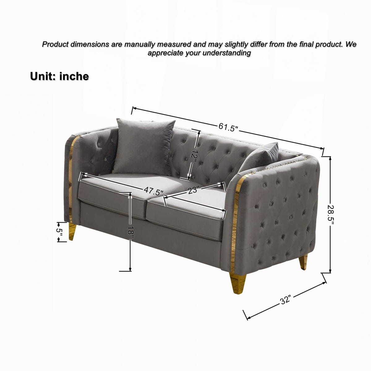 Chesterfield Streamdale 61" Velvet Tufted Chesterfield Loveseat with Gold Legs, Grey