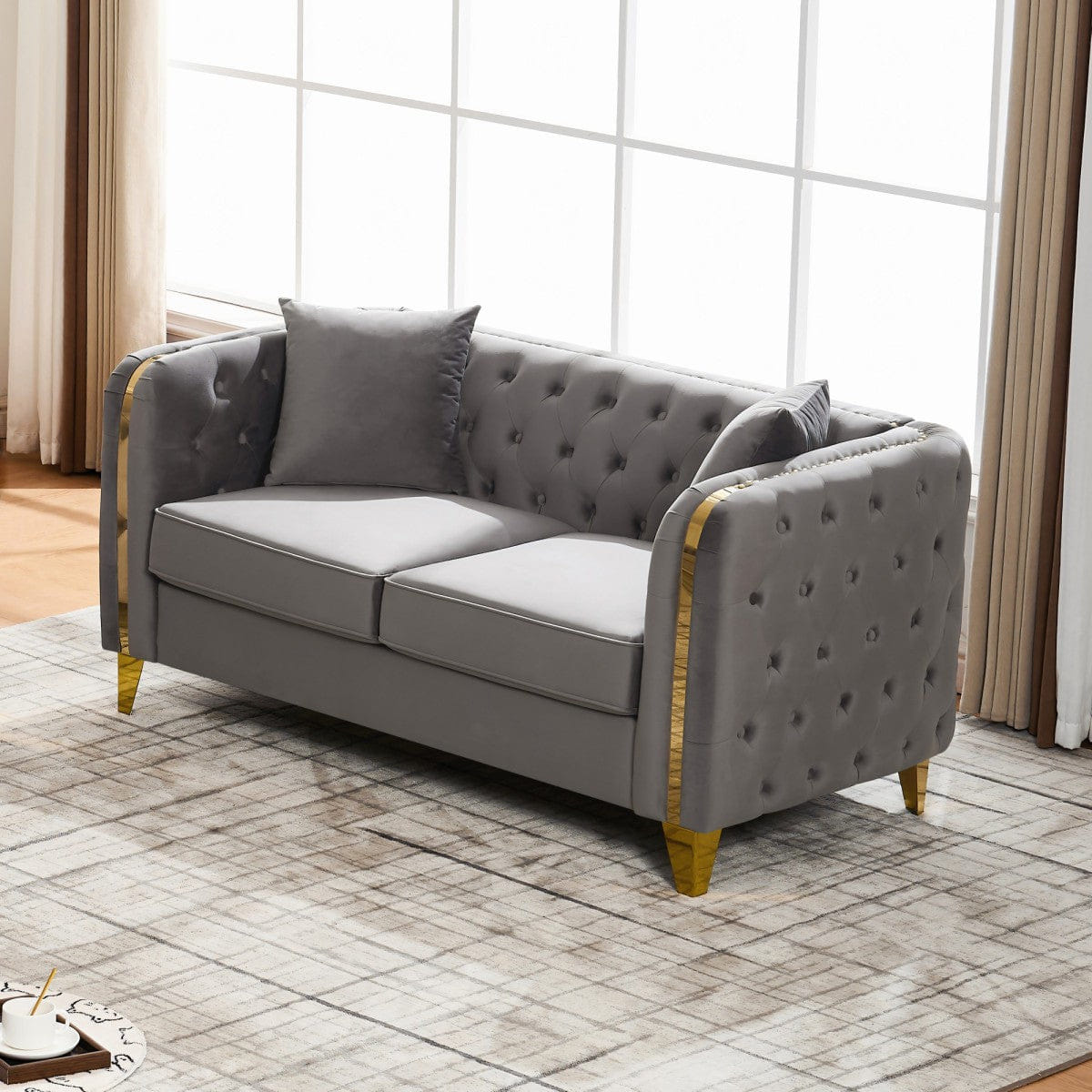 Chesterfield Streamdale 61" Velvet Tufted Chesterfield Loveseat with Gold Legs, Grey