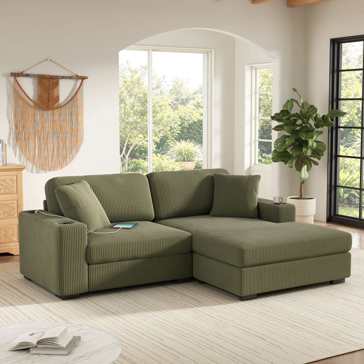 Corduroy Streamdale 86.5" Corduroy L - Shaped Sectional Sofa with USB Ports & Cup Holders