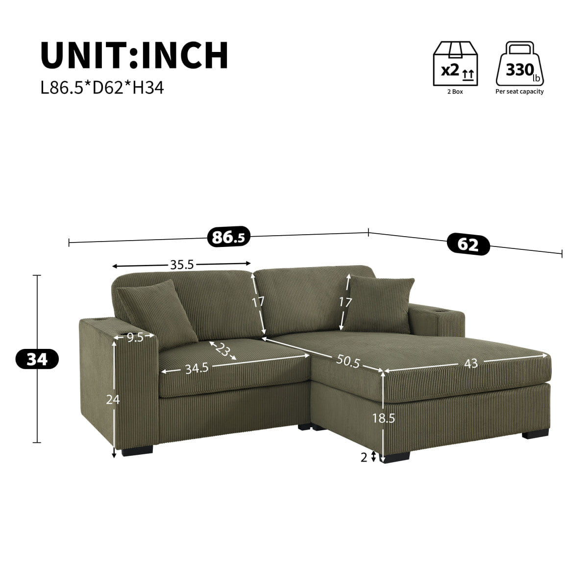 Corduroy Streamdale 86.5" Corduroy L - Shaped Sectional Sofa with USB Ports & Cup Holders