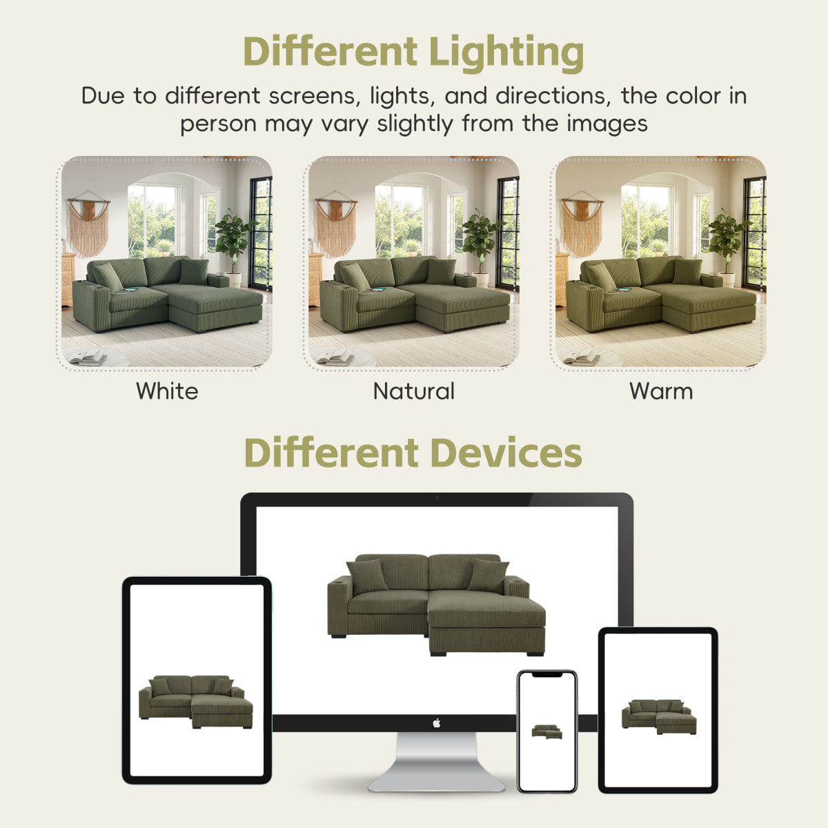 Corduroy Streamdale 86.5" Corduroy L - Shaped Sectional Sofa with USB Ports & Cup Holders