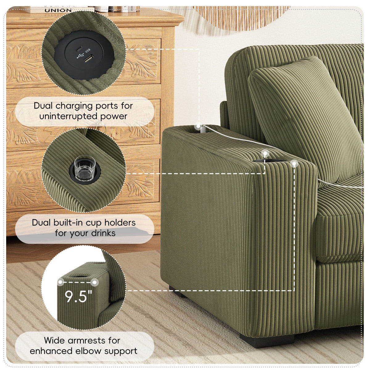 Corduroy Streamdale 86.5" Corduroy L - Shaped Sectional Sofa with USB Ports & Cup Holders