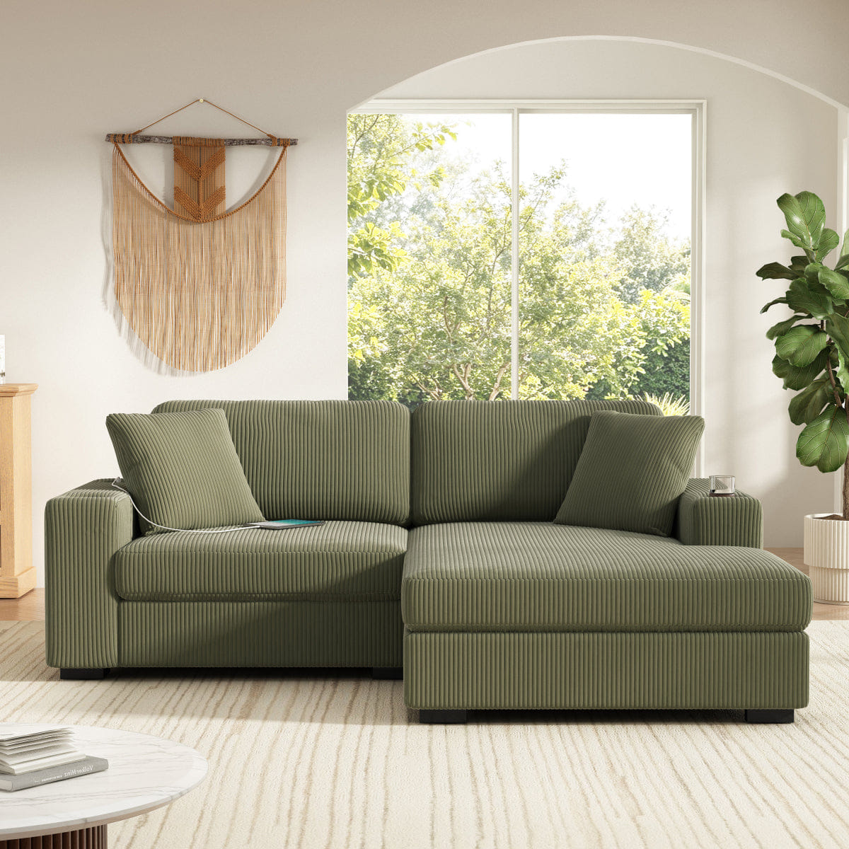 Corduroy Streamdale 86.5" Corduroy L - Shaped Sectional Sofa with USB Ports & Cup Holders