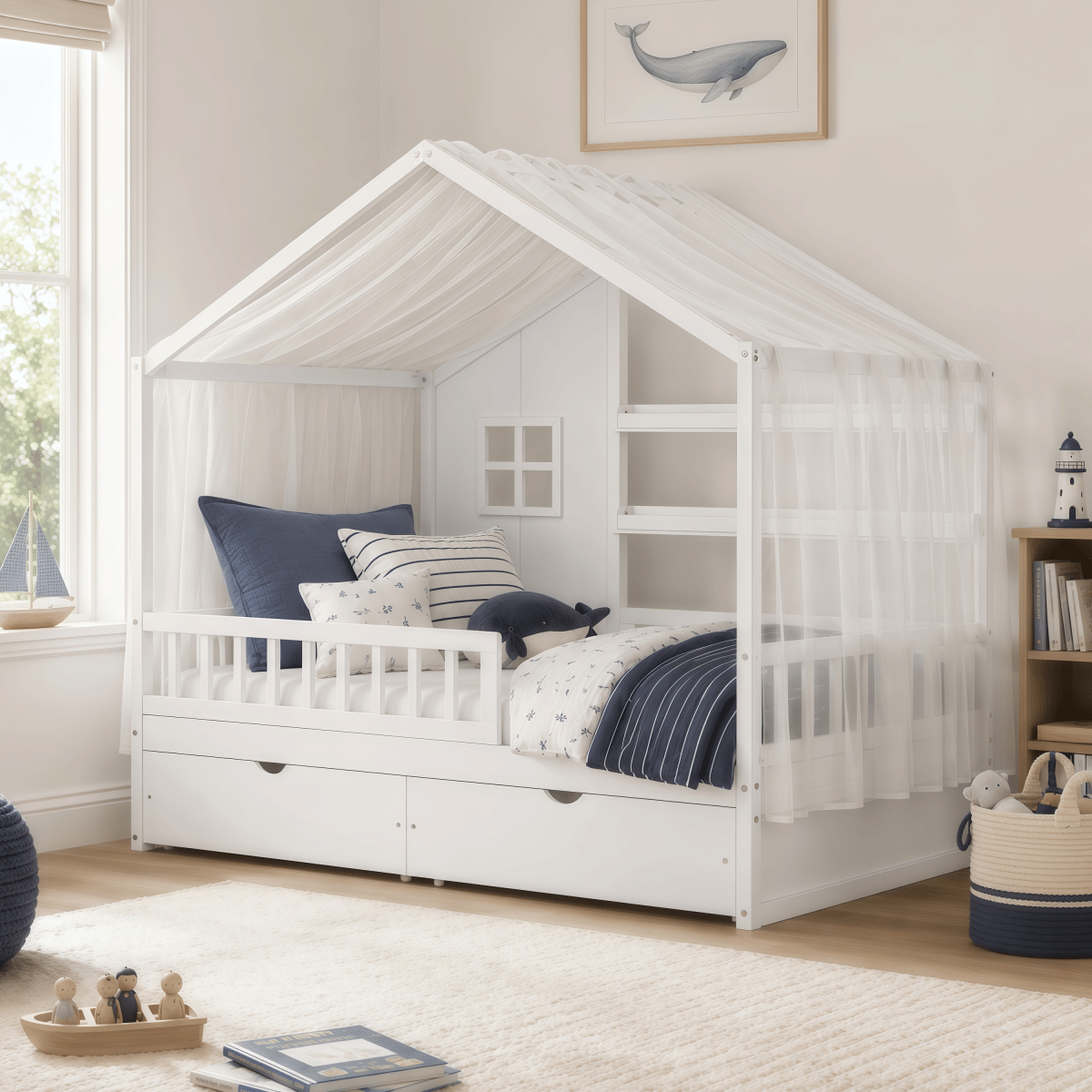 FLOOR Streamdale Kids Montessori Floor Bed with Roof, Guardrails & 2 Drawers, White
