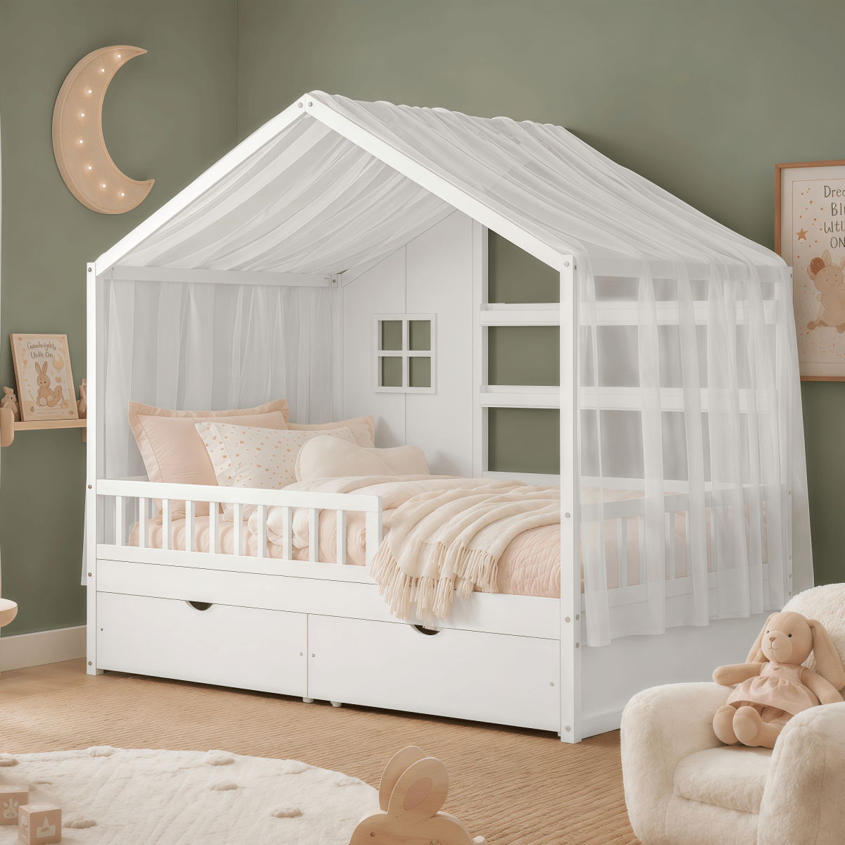 FLOOR Streamdale Kids Montessori Floor Bed with Roof, Guardrails & 2 Drawers, White