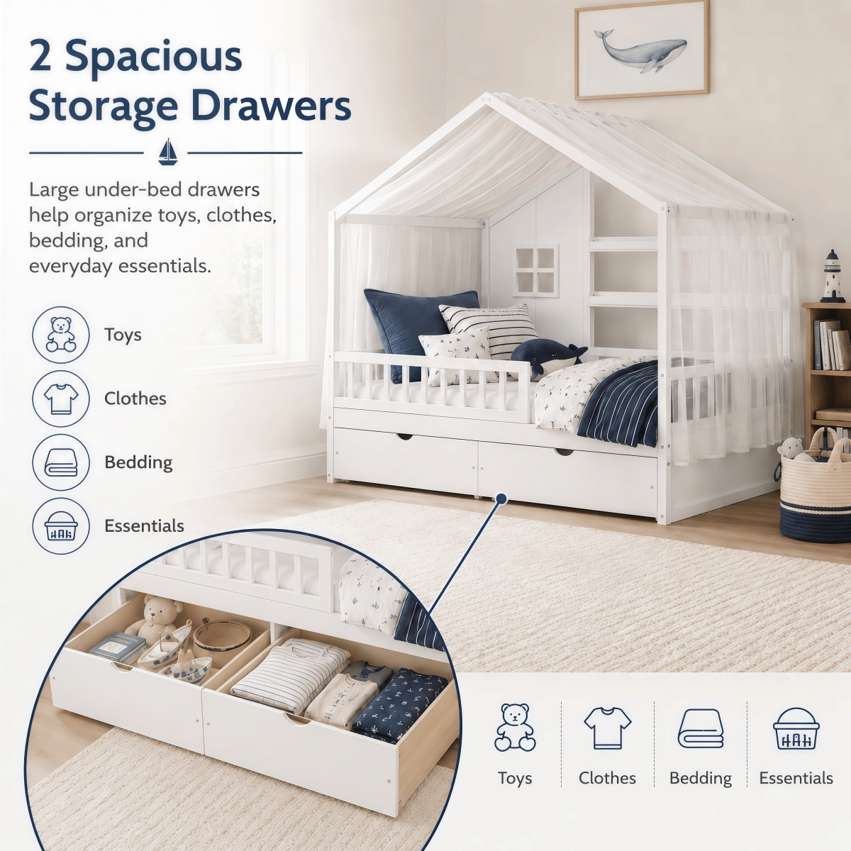 FLOOR Streamdale Kids Montessori Floor Bed with Roof, Guardrails & 2 Drawers, White