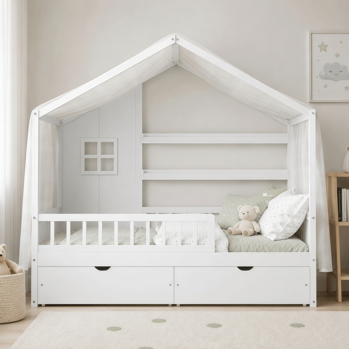 FLOOR Streamdale Kids Montessori Floor Bed with Roof, Guardrails & 2 Drawers, White