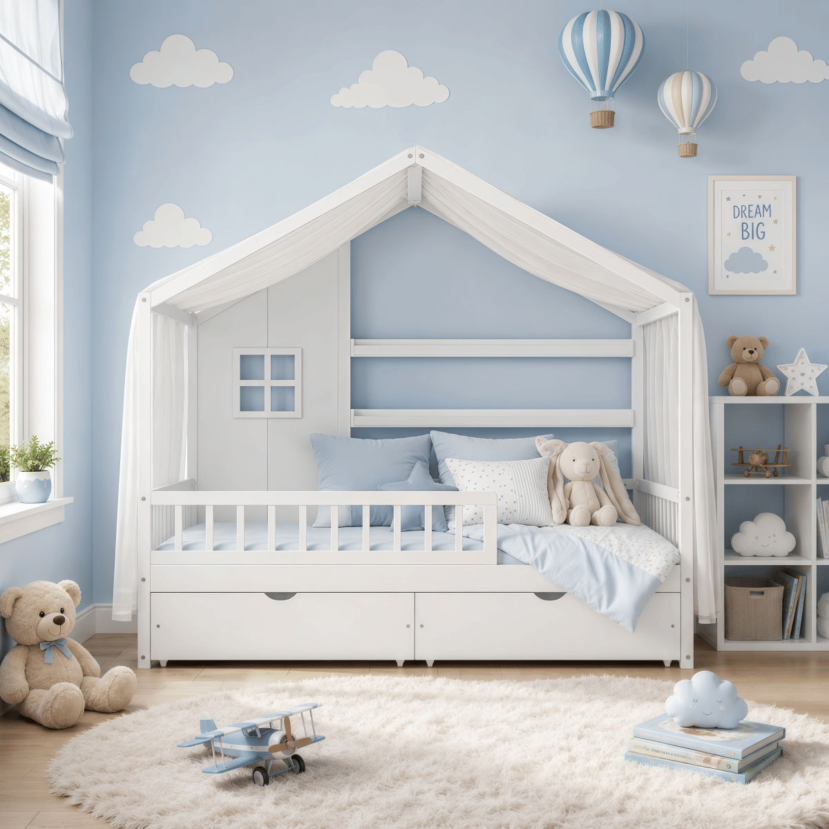 FLOOR Streamdale Kids Montessori Floor Bed with Roof, Guardrails & 2 Drawers, White