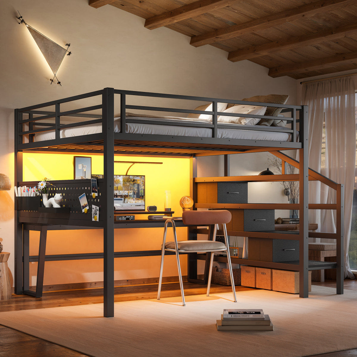 Loft Streamdale Queen Metal Loft Bed with Desk, Stairs, LED & Storage Drawers, Black