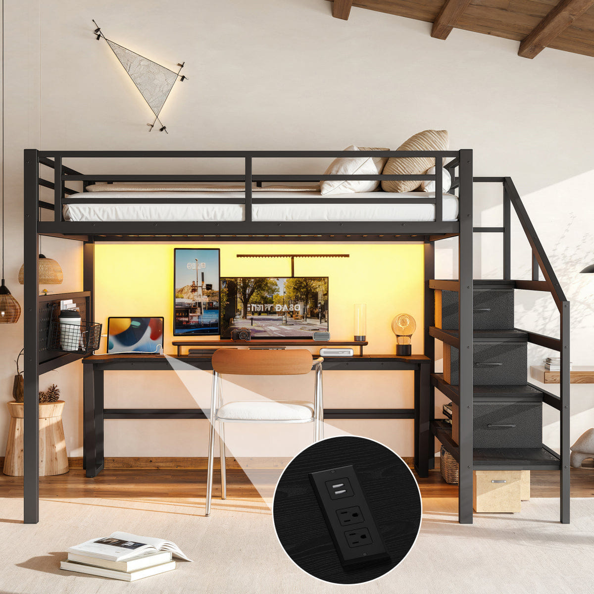 Loft Streamdale Queen Metal Loft Bed with Desk, Stairs, LED & Storage Drawers, Black