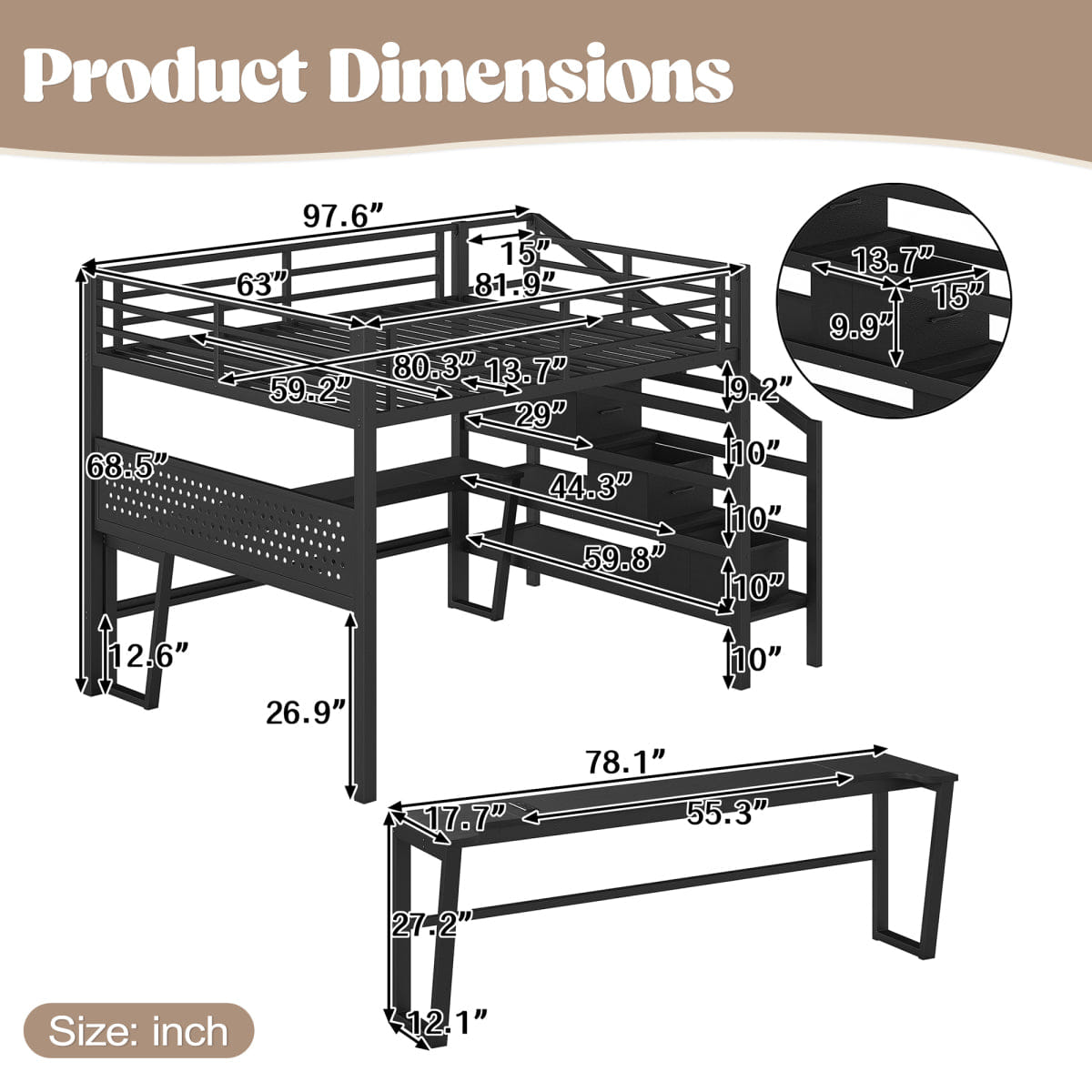 Loft Streamdale Queen Metal Loft Bed with Desk, Stairs, LED & Storage Drawers, Black