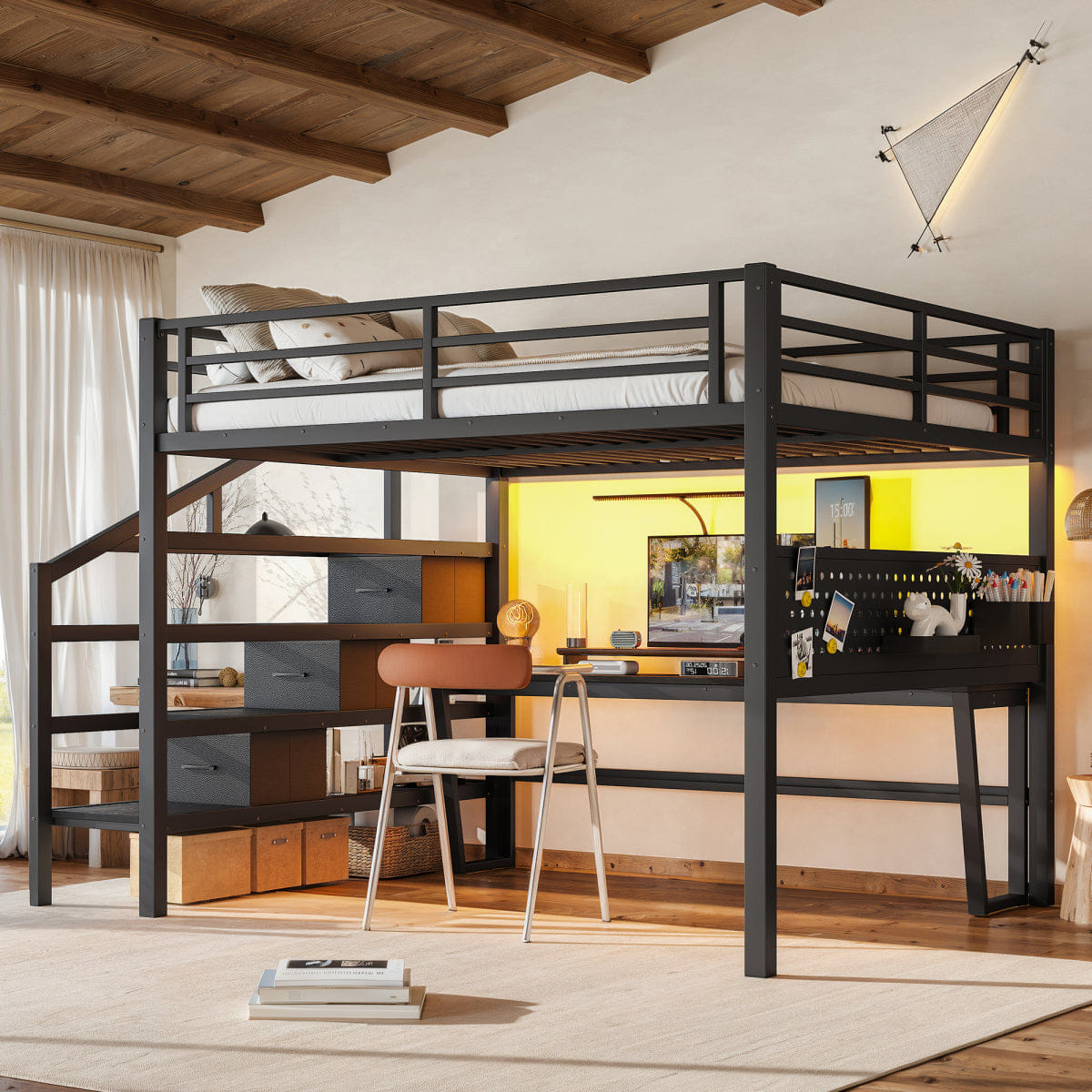 Loft Streamdale Queen Metal Loft Bed with Desk, Stairs, LED & Storage Drawers, Black