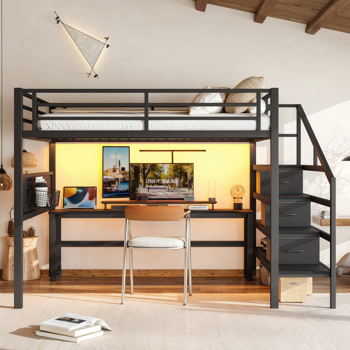 Loft Streamdale Queen Metal Loft Bed with Desk, Stairs, LED & Storage Drawers, Black