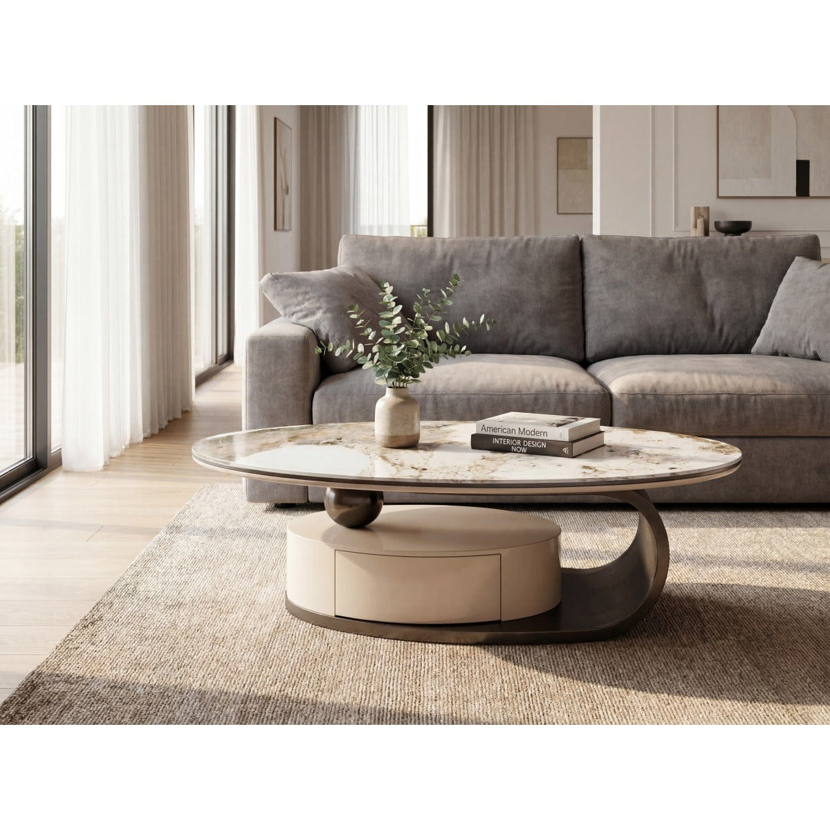 Drawer Streamdale Modern Grey Marble Glass Oval Coffee Table with Drawer & Storage