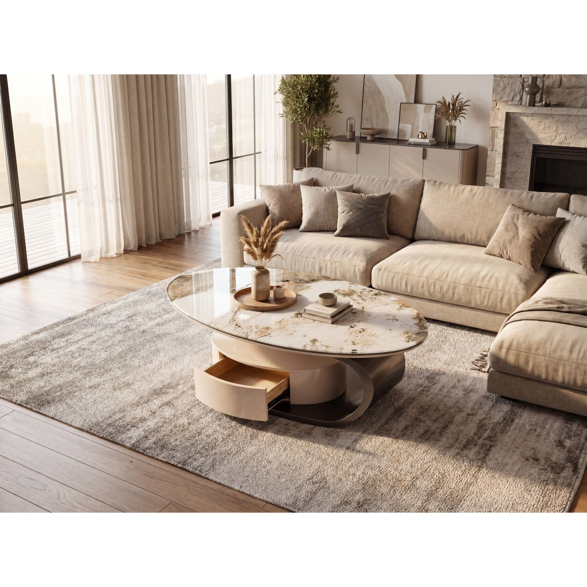 Drawer Streamdale Modern Grey Marble Glass Oval Coffee Table with Drawer & Storage