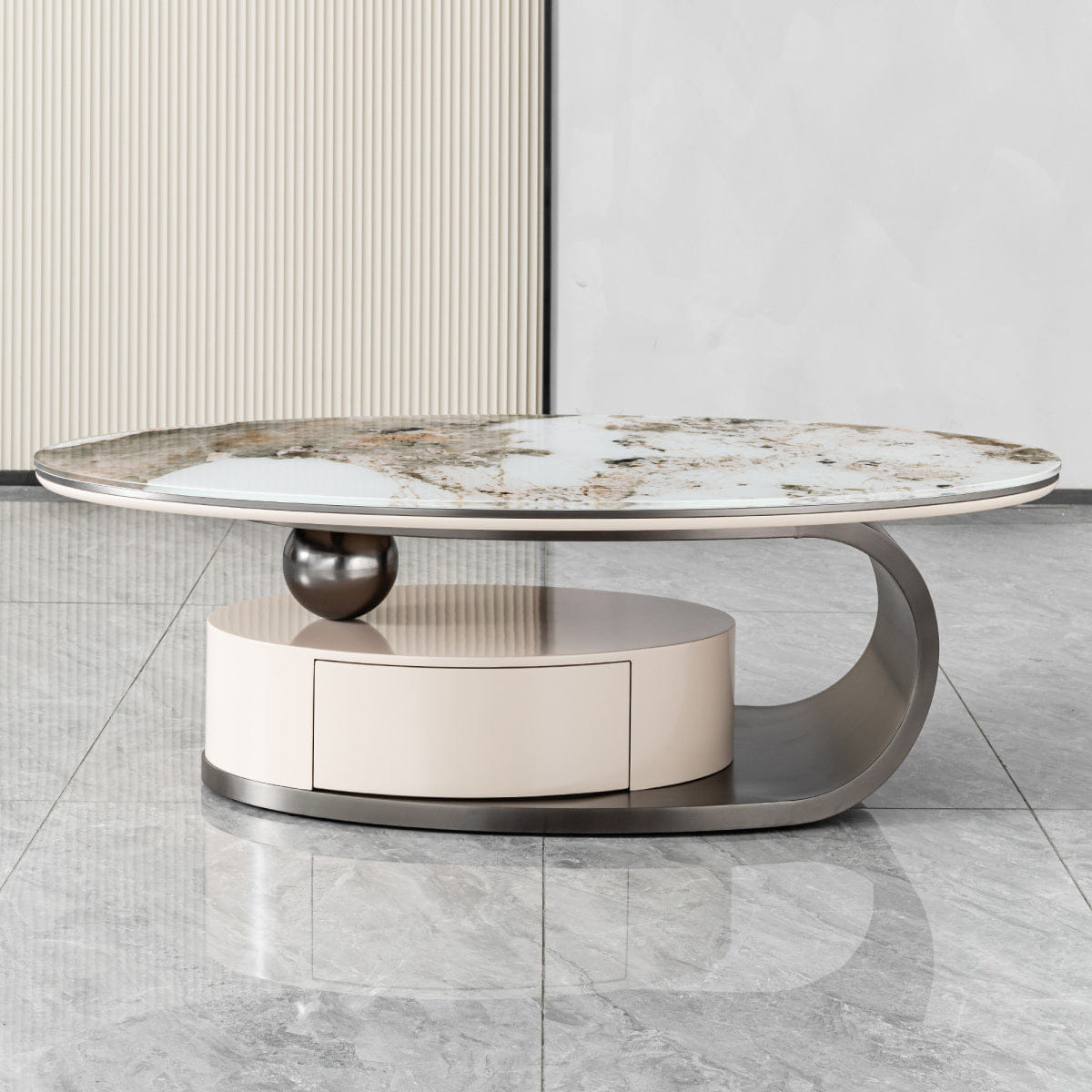 Drawer Streamdale Modern Grey Marble Glass Oval Coffee Table with Drawer & Storage