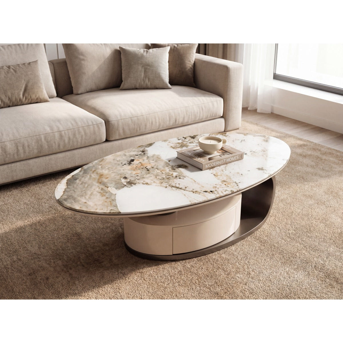 Drawer Streamdale Modern Grey Marble Glass Oval Coffee Table with Drawer & Storage