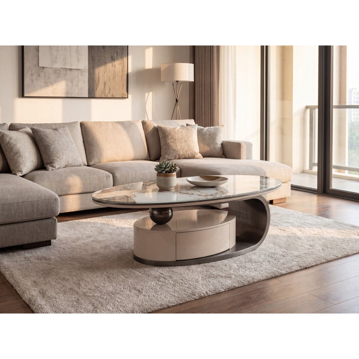 Drawer Streamdale Modern Grey Marble Glass Oval Coffee Table with Drawer & Storage