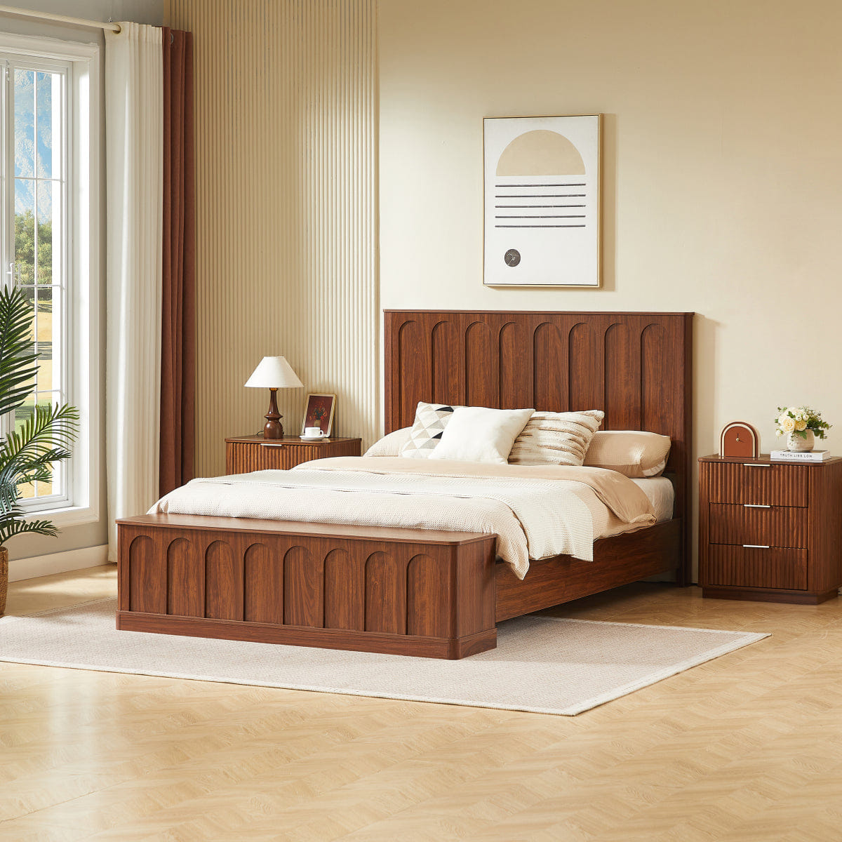 WOOD Streamdale Queen Wood Platform Bed with Footboard Bench & Storage, Walnut