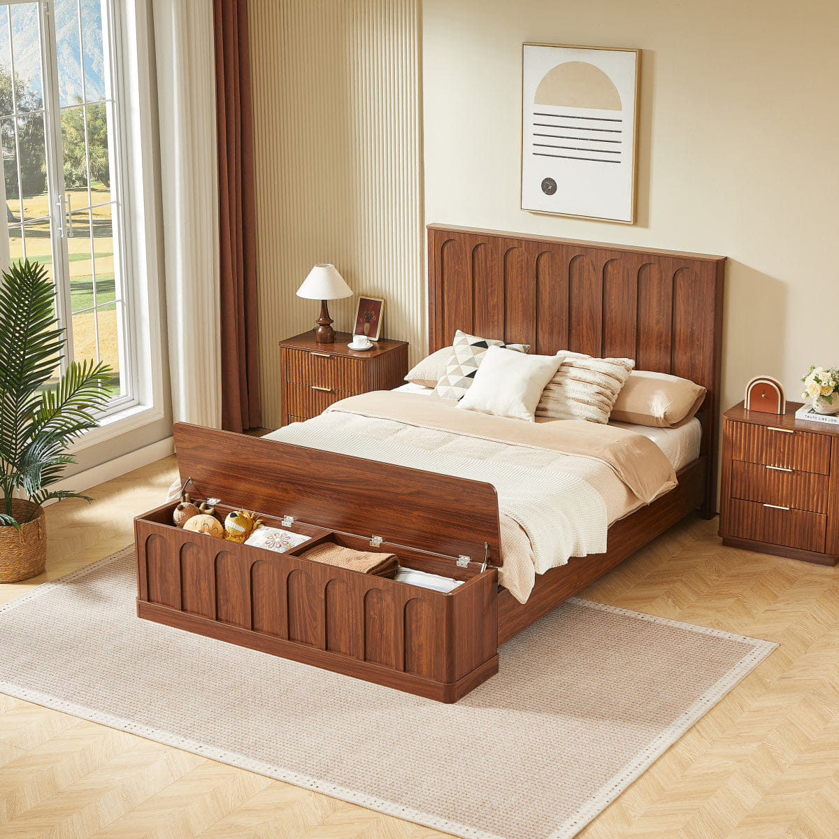 WOOD Streamdale Queen Wood Platform Bed with Footboard Bench & Storage, Walnut