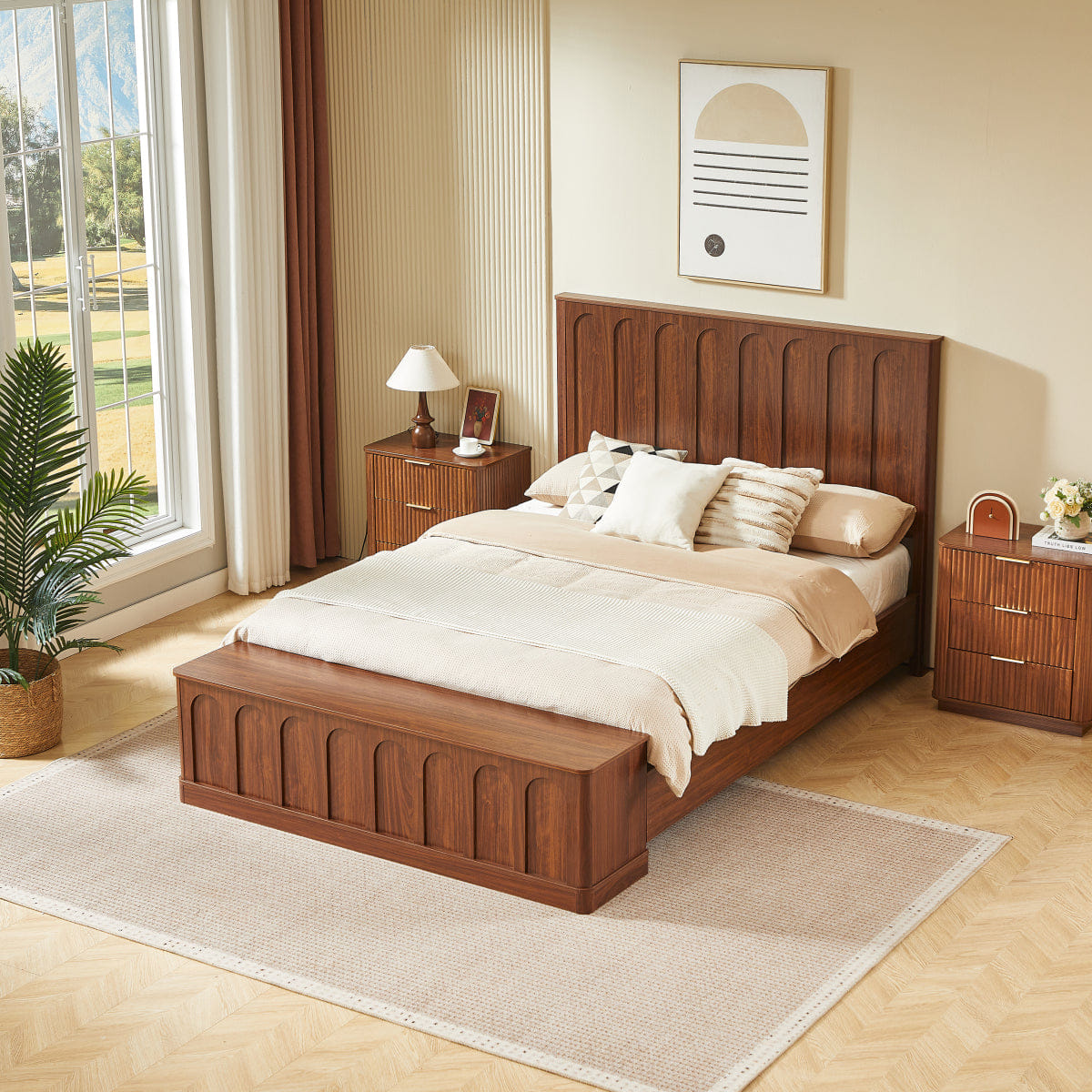 WOOD Streamdale Queen Wood Platform Bed with Footboard Bench & Storage, Walnut