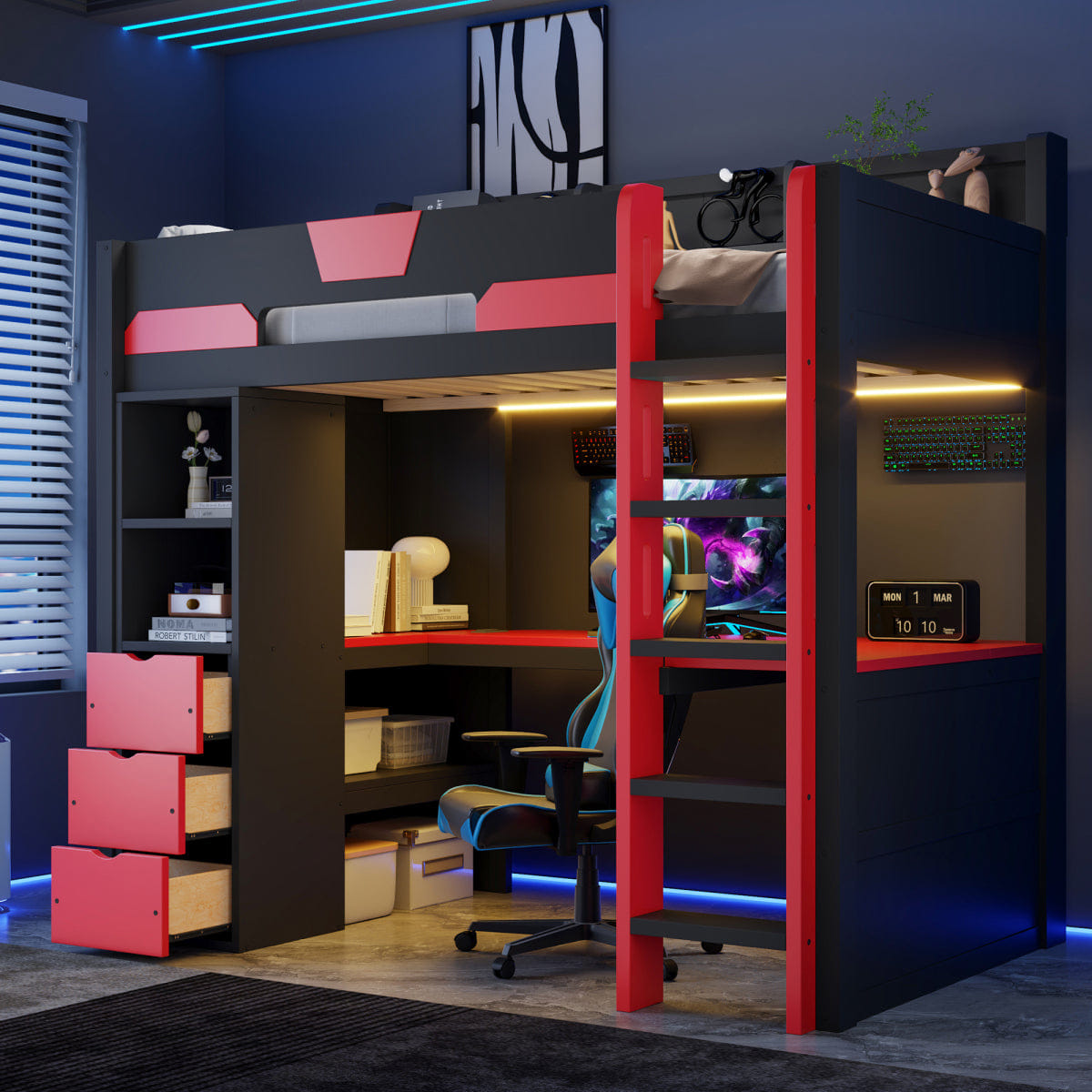 Loft Streamdale Twin Wooden Gaming Loft Bed with Desk, RGB Lights & USB, Black/Red