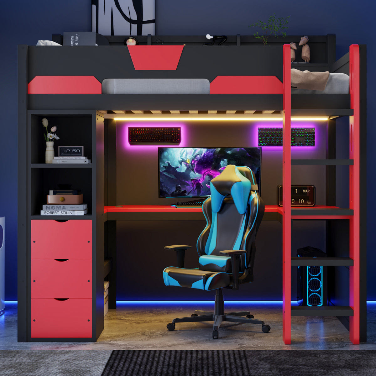 Loft Streamdale Twin Wooden Gaming Loft Bed with Desk, RGB Lights & USB, Black/Red