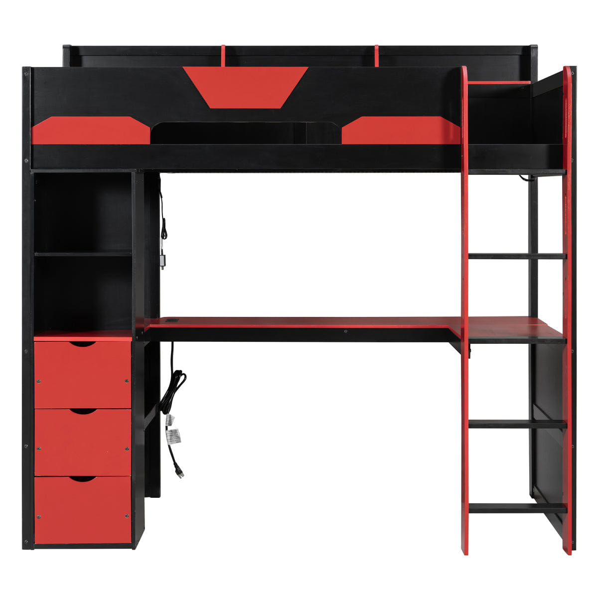 Loft Streamdale Twin Wooden Gaming Loft Bed with Desk, RGB Lights & USB, Black/Red