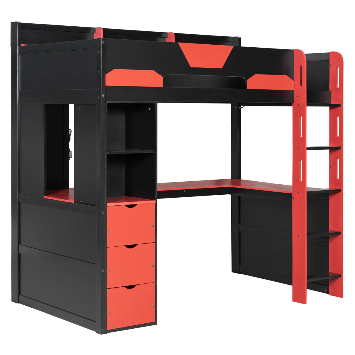 Loft Streamdale Twin Wooden Gaming Loft Bed with Desk, RGB Lights & USB, Black/Red