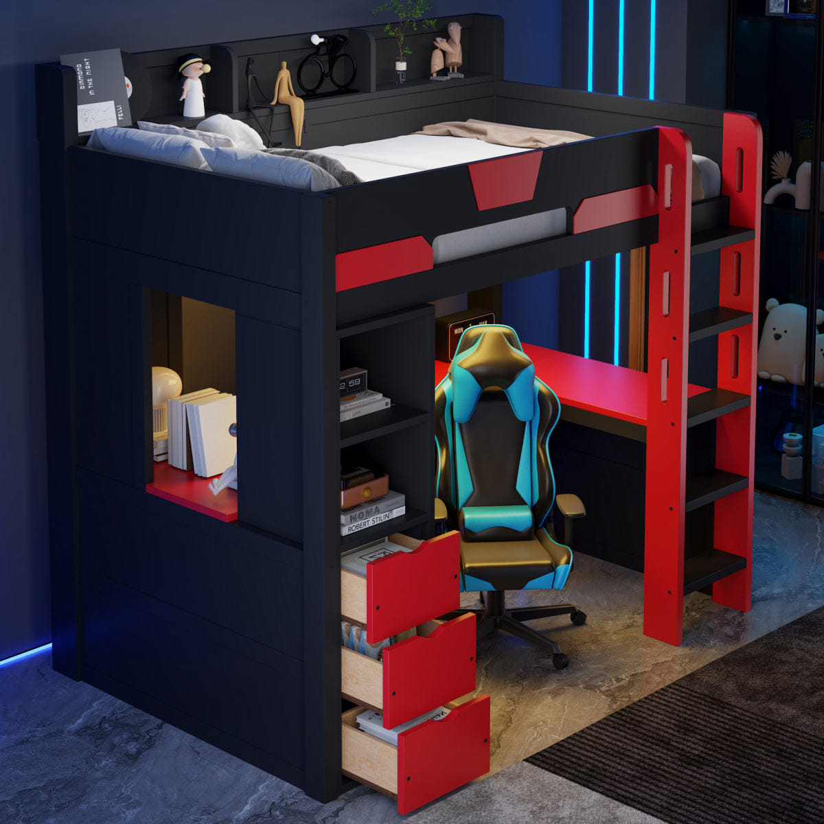 Loft Streamdale Twin Wooden Gaming Loft Bed with Desk, RGB Lights & USB, Black/Red