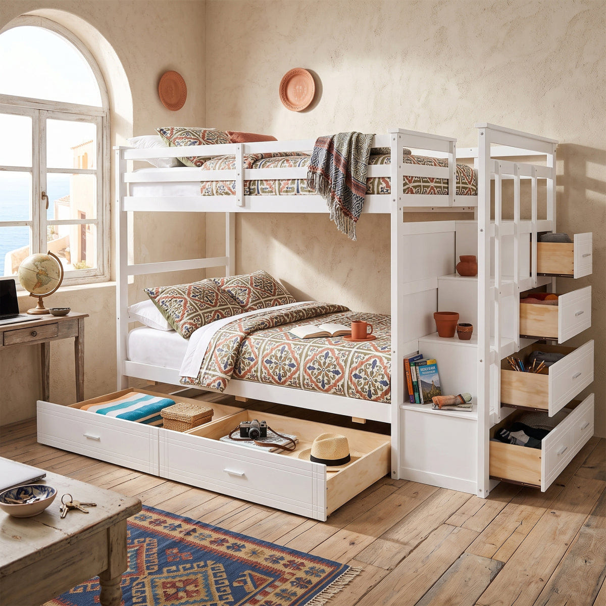 WHITE* Streamdale Twin Over Twin Bunk Bed with 2 Drawers and Staircase, White