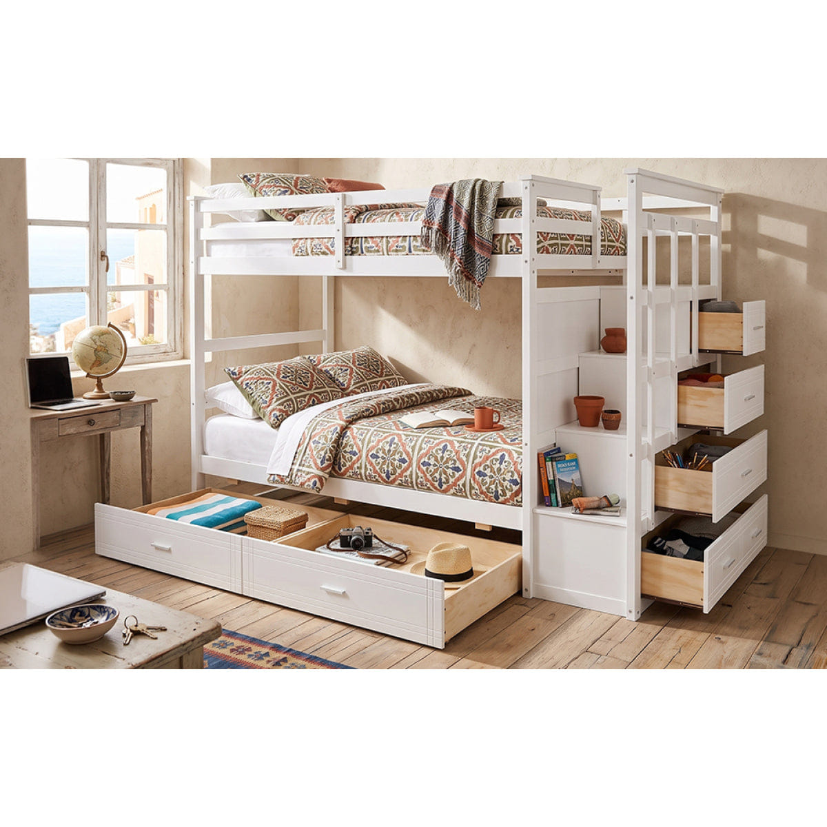 WHITE* Streamdale Twin Over Twin Bunk Bed with 2 Drawers and Staircase, White