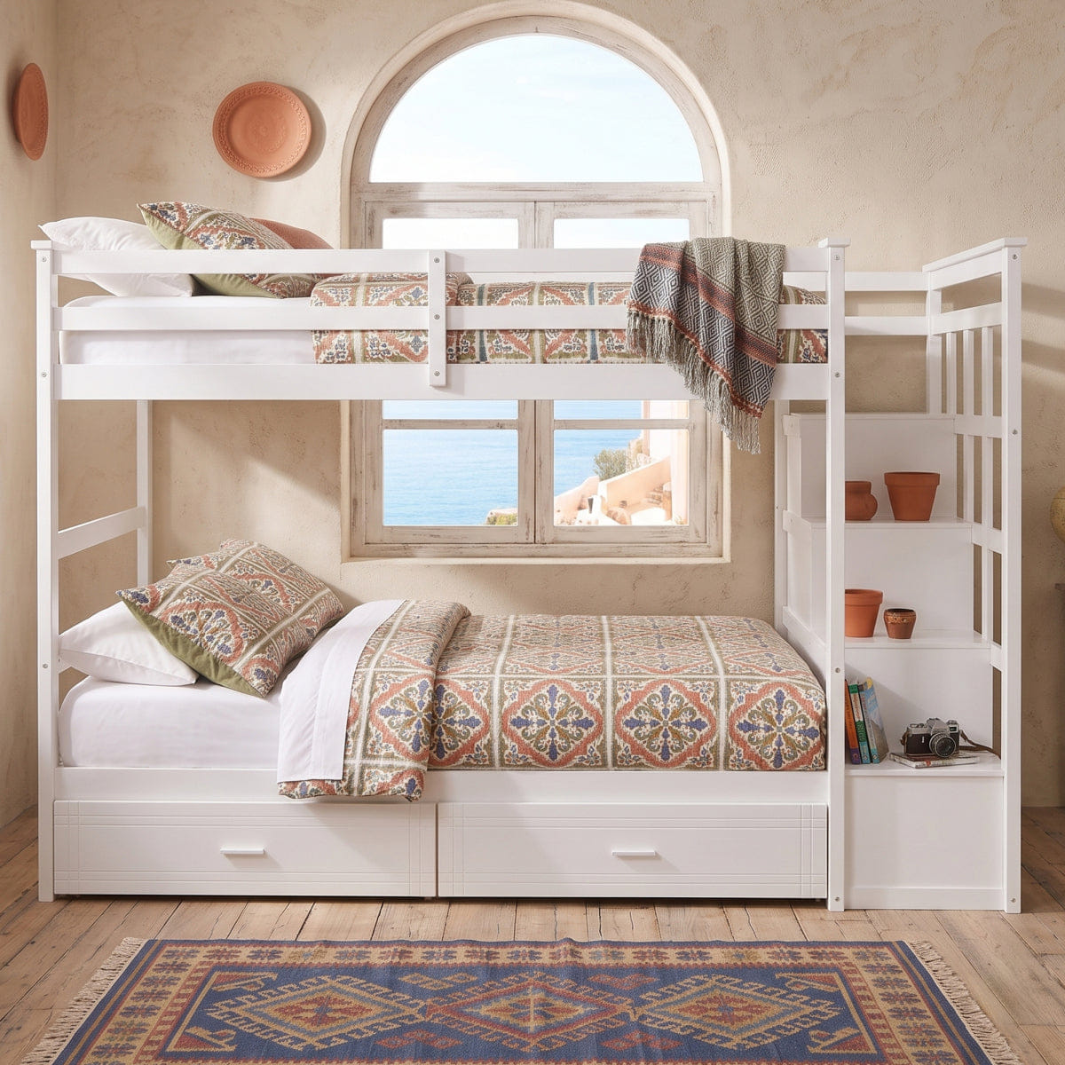 WHITE* Streamdale Twin Over Twin Bunk Bed with 2 Drawers and Staircase, White