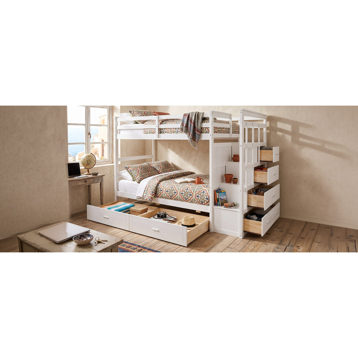 WHITE* Streamdale Twin Over Twin Bunk Bed with 2 Drawers and Staircase, White