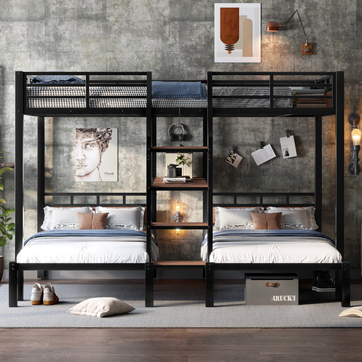 TRIPLE Streamdale Queen/Twin/Twin Triple Metal Bunk Bed with Storage Stairs & Shelves, Black